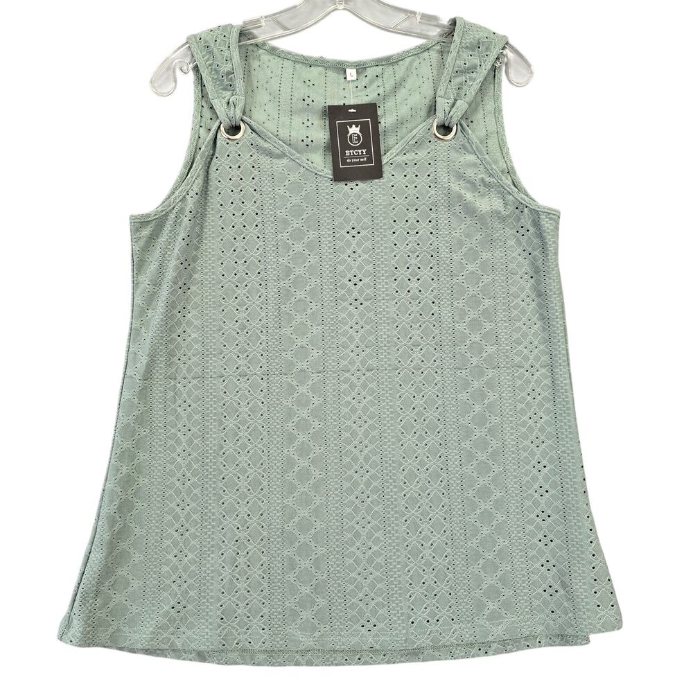 ETCYY Green Tank NEW Open Eyelet Knit Scoop Neck Classic Sleeveless Womens L Top